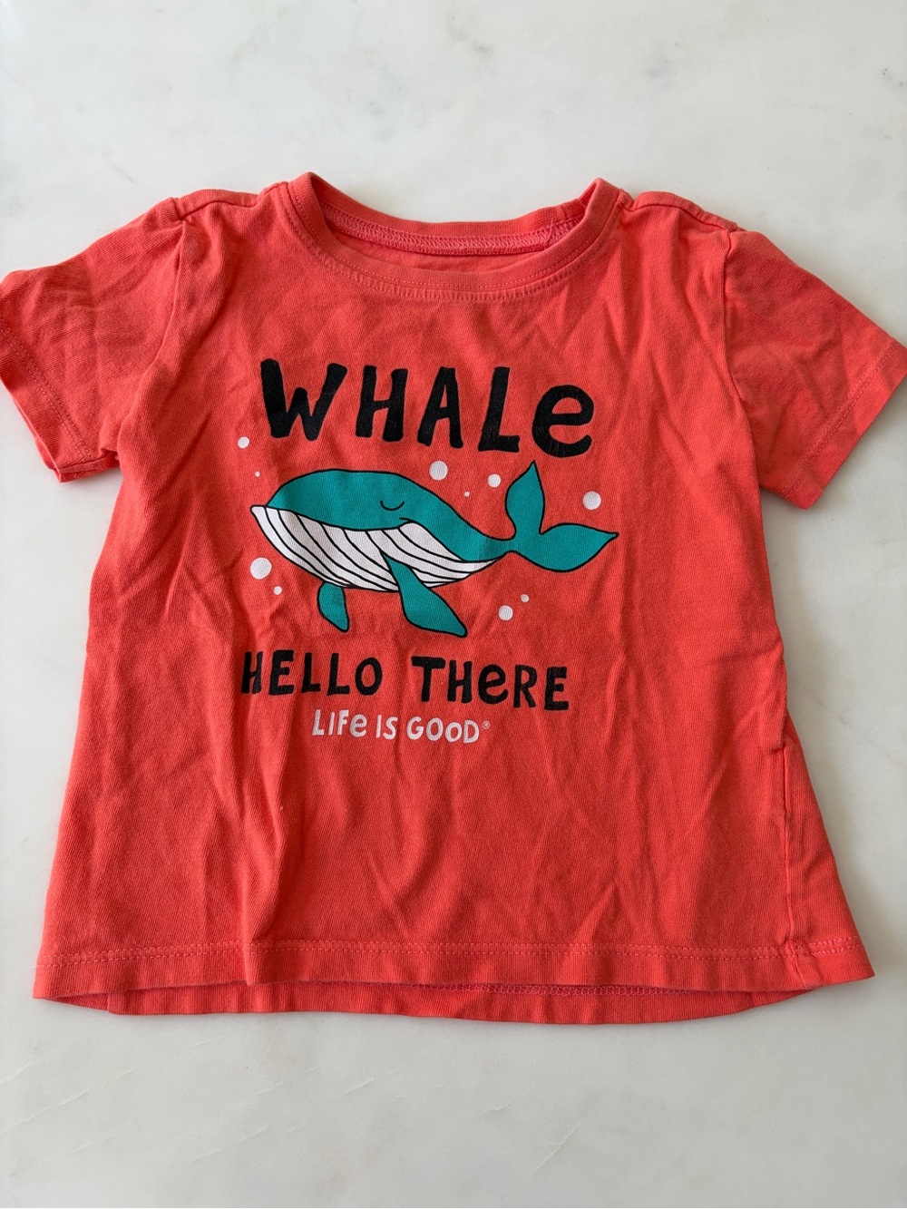 Life Is Good Coral Tee with Teal Whale Graphic